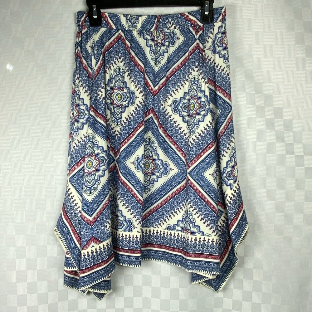 Bohemian Blue and Red Patterned Skirt Handkerchief Hem Size XL Flowy